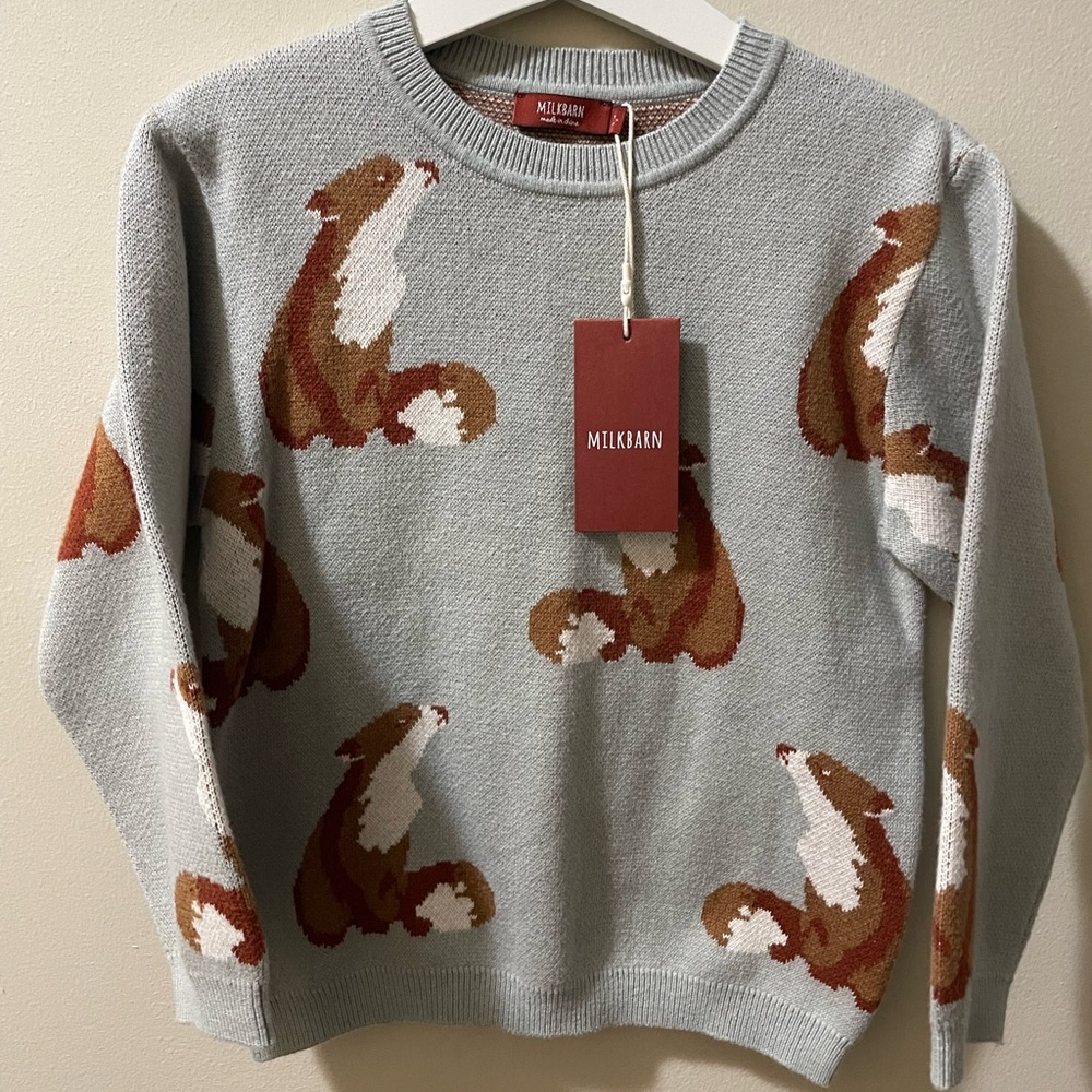 Milkbarn NWT Blue Gray Sweater with Fox Design 95% Cotton 5% Cashmere